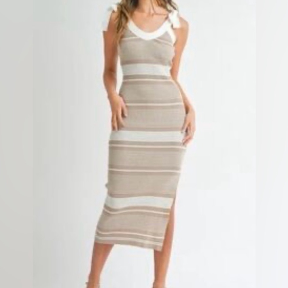 Sleeveless Beige & White Striped Midi Dress with Side Slit